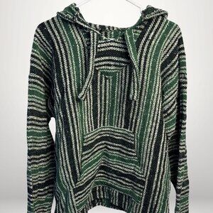 Green Baja Hoodie Striped Mexican Pullover Surf Style